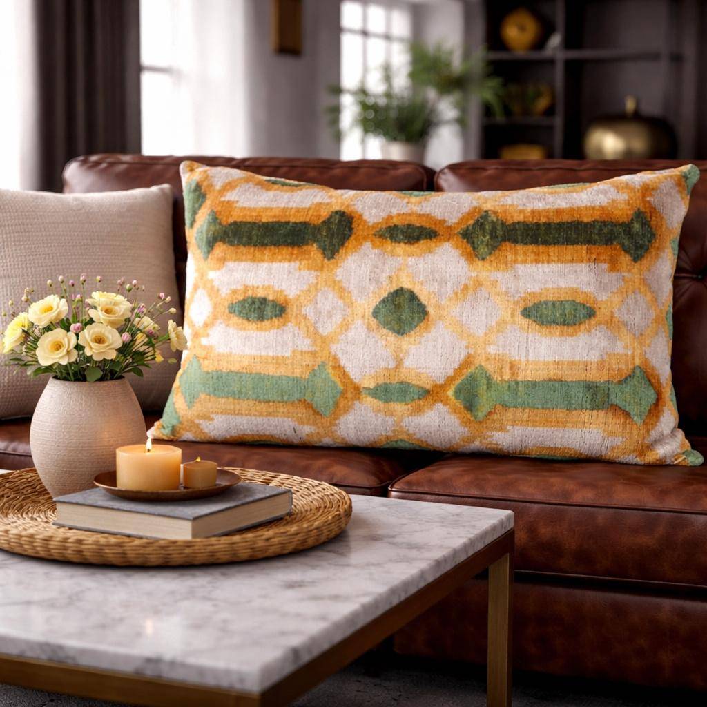 Kissenhülle 40 x 60 cm mit geometrischem Muster in Gelb, Grün und Offwhite, Oberseite aus 100 % Seide auf Ledersofa im Wohnraum