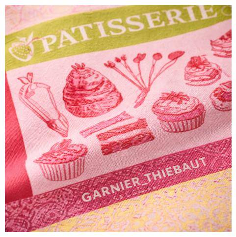 Detailaufnahme Garnier Thiebaut Geschirrtuch La Patisserie Rose mit Cupcake und Tortenmotiv