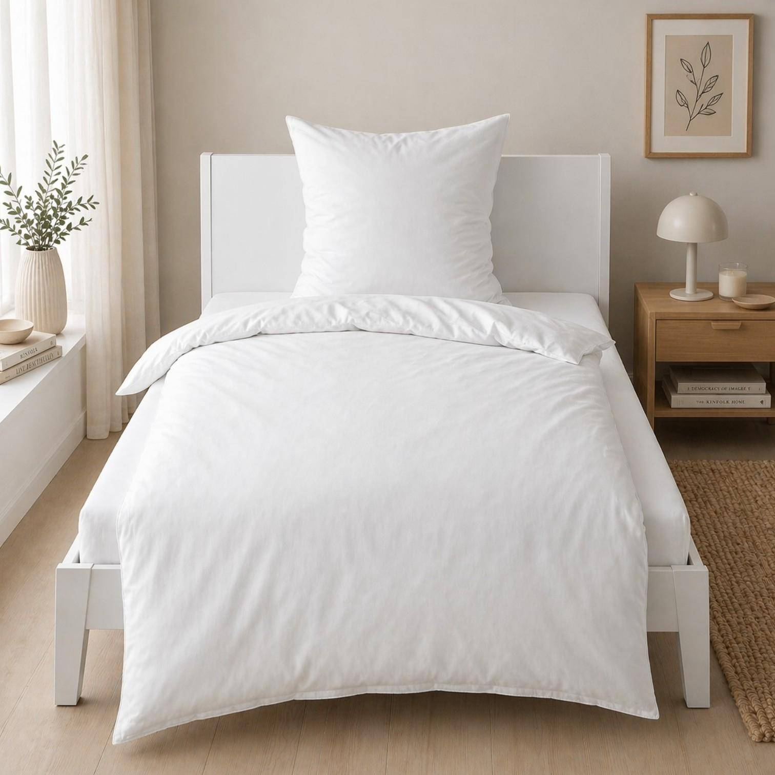 Bierbaum Wohnen Renforcé Bettwäsche in der Farbe Weiß im Schlafzimmer - moderne Bettwäsche aus 100% Baumwolle