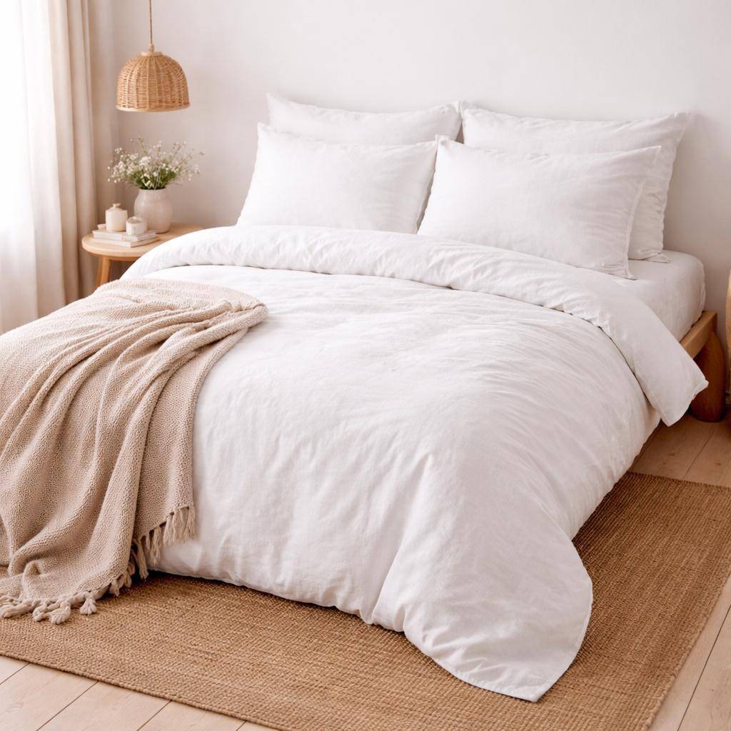 Helles Schlafzimmer mit Marc O’Polo Leinen-Bettwäsche Valka in weiß, stilvoll inszeniert mit Kissen, Strickdecke und Holzelementen