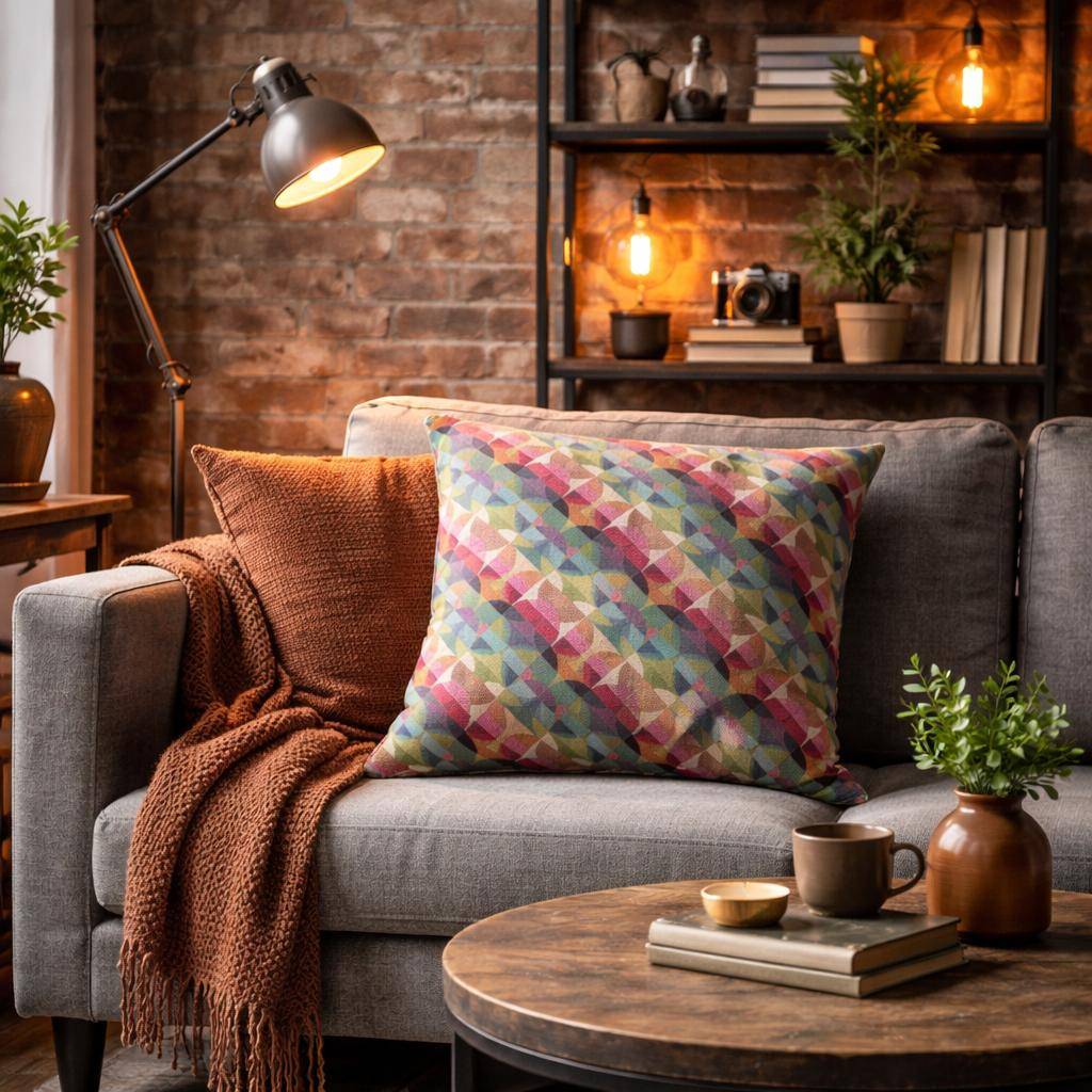 Sander Kissenhülle Disc mit buntem geometrischem Muster auf grauer Couch im modernen Industrial Wohnzimmer