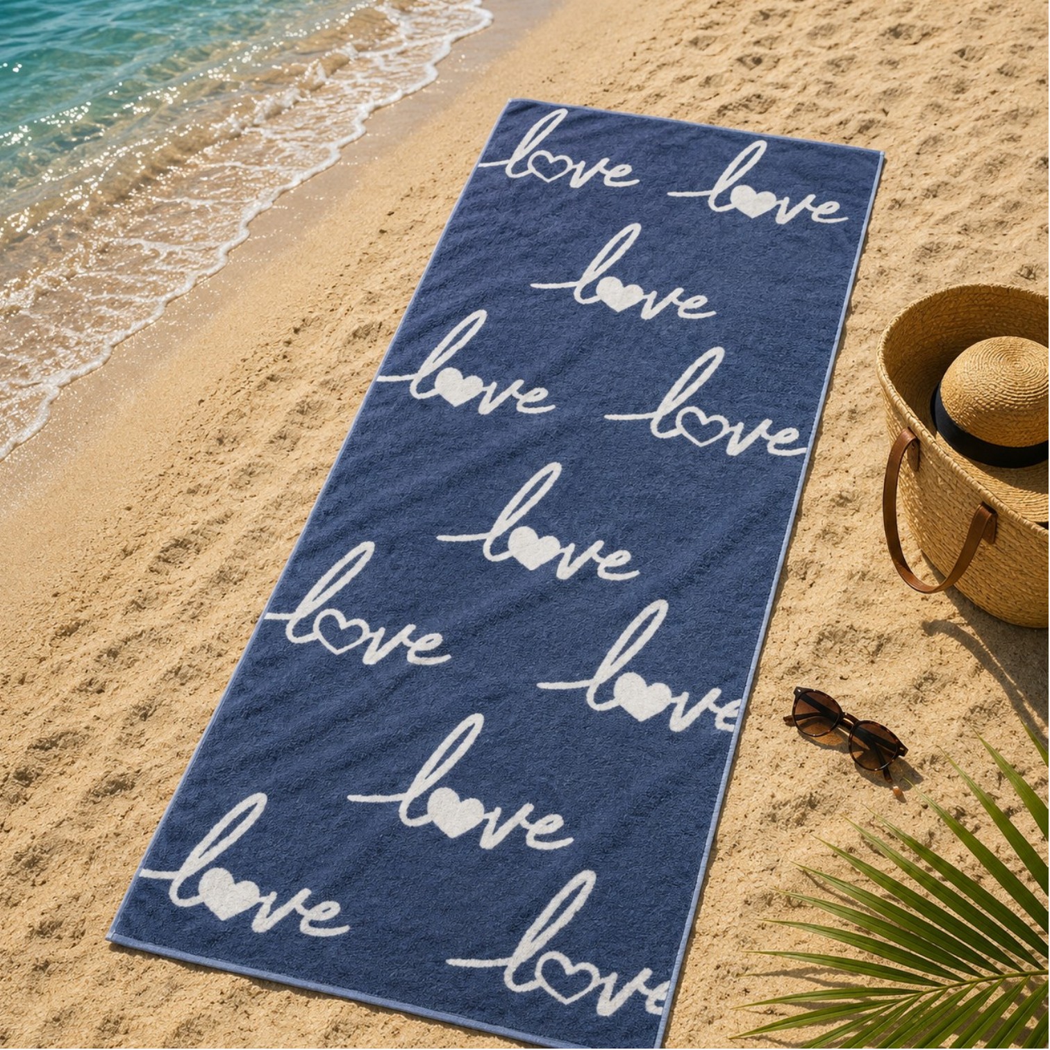 Cawö Frottiertuchserie Campus Love Love Love 835 nachtblau Strandtuch 70 x 180 cm
