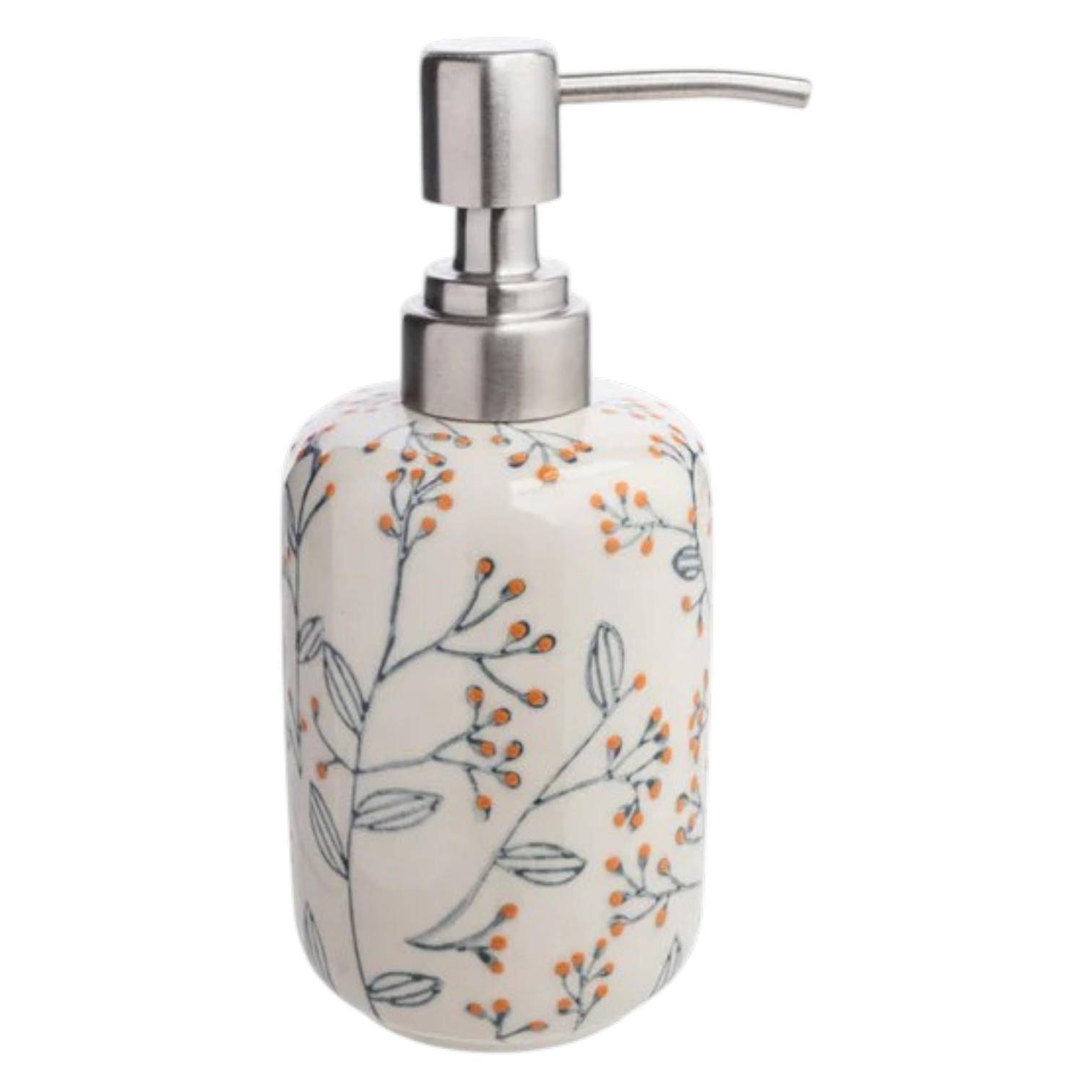 Tranquillo ROMANTIC Seifenspender aus Steinzeug mit filigranem floralem Muster und hochwertiger Edelstahlpumpe als Freisteller.