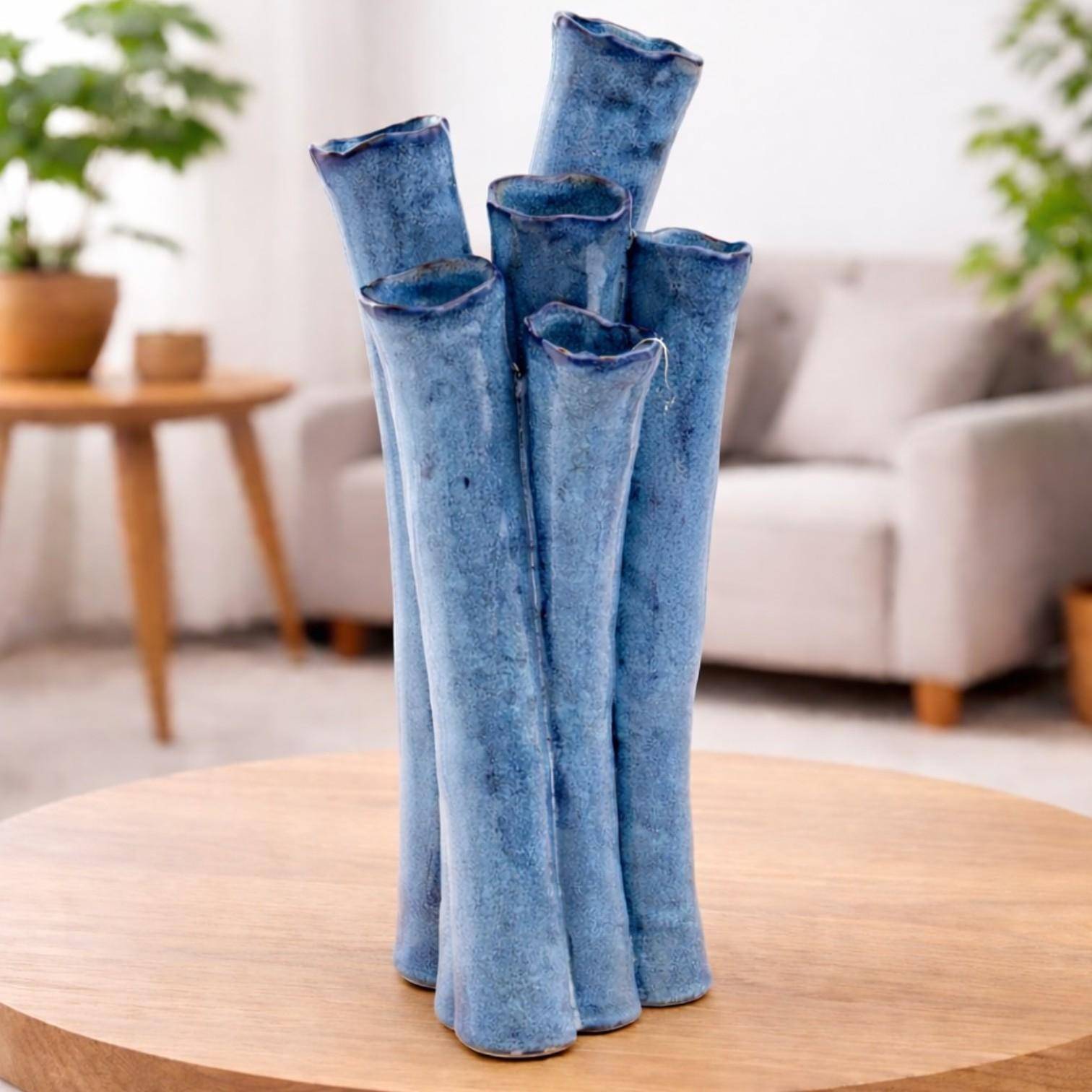 Luimes Vase in Blau mit glatter Oberfläche, organischem Design, ca. 32 cm