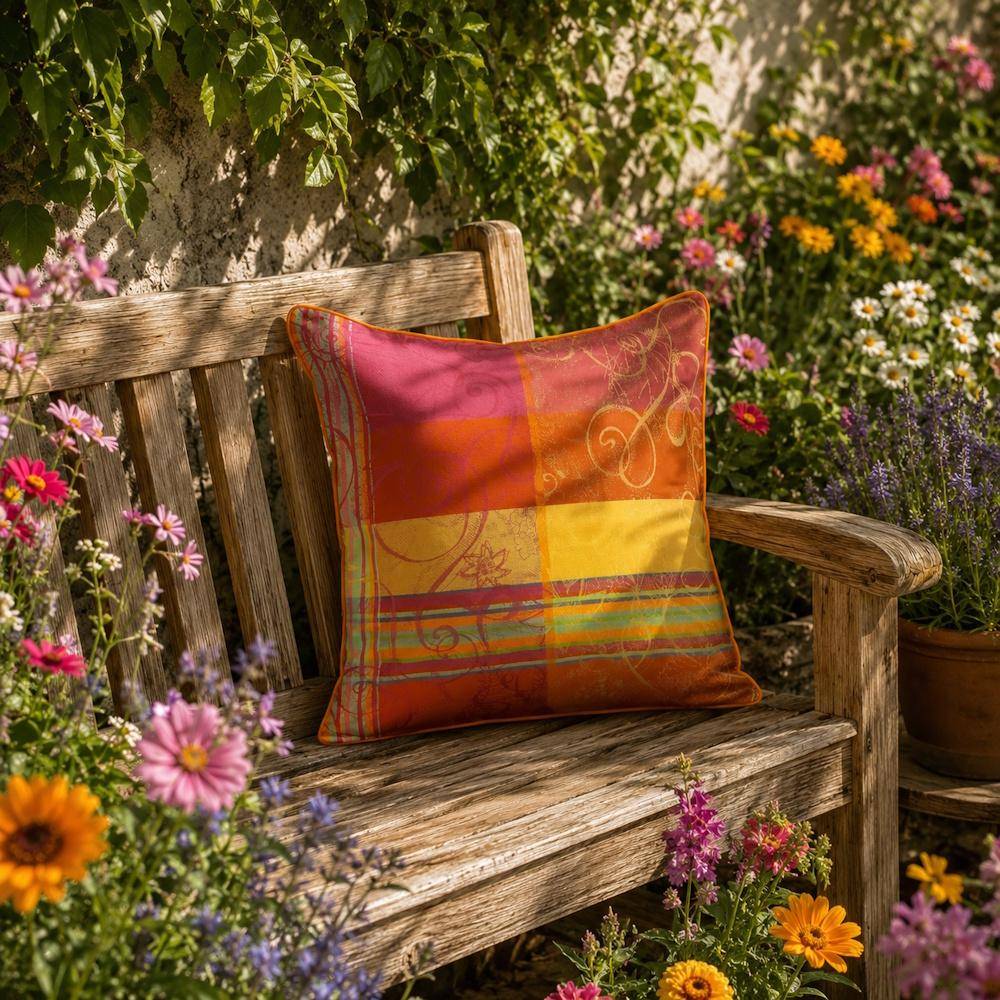 Farbenfrohe Garnier Thiebaut Kissenhülle Mille Asters Pop auf einer Holzgartenbank zwischen blühenden Sommerblumen.