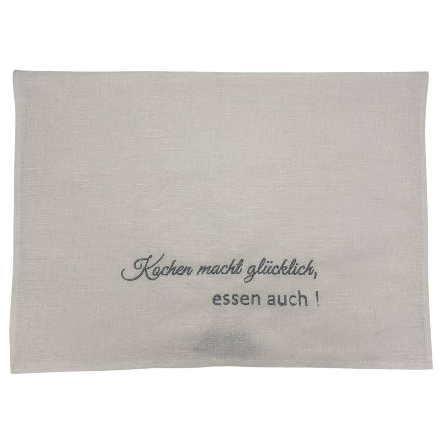 UniKate Halbleinen Geschirrtuch Kochen macht glücklich - bestickt