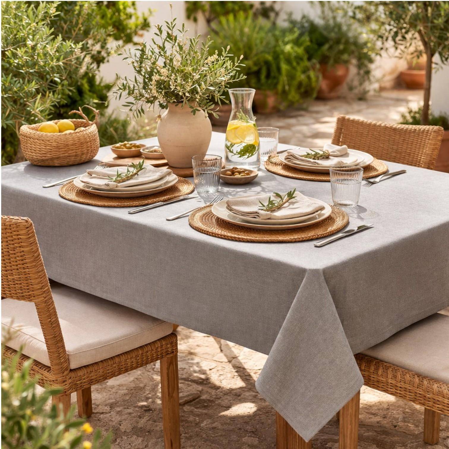 Rechteckige Tischdecke in Anthrazit auf stilvoll gedecktem Gartentisch im mediterranen Ambiente mit natürlichen Materialien