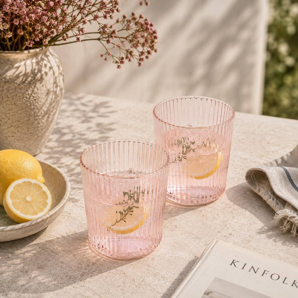 Paveau Ribbed Trinkgläser aus geriffeltem Glas stilvoll gedeckt auf einem sommerlichen Tisch mit Zitronen und Wasser