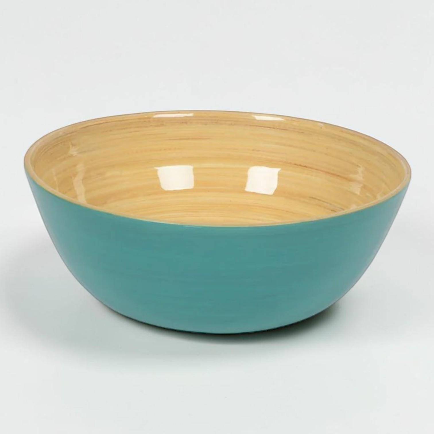 Superleichte Albert L. Bambus-Schüssel in Türkis mit naturfarbener Innenseite, rund und glänzend, ca. 18 x 7 cm