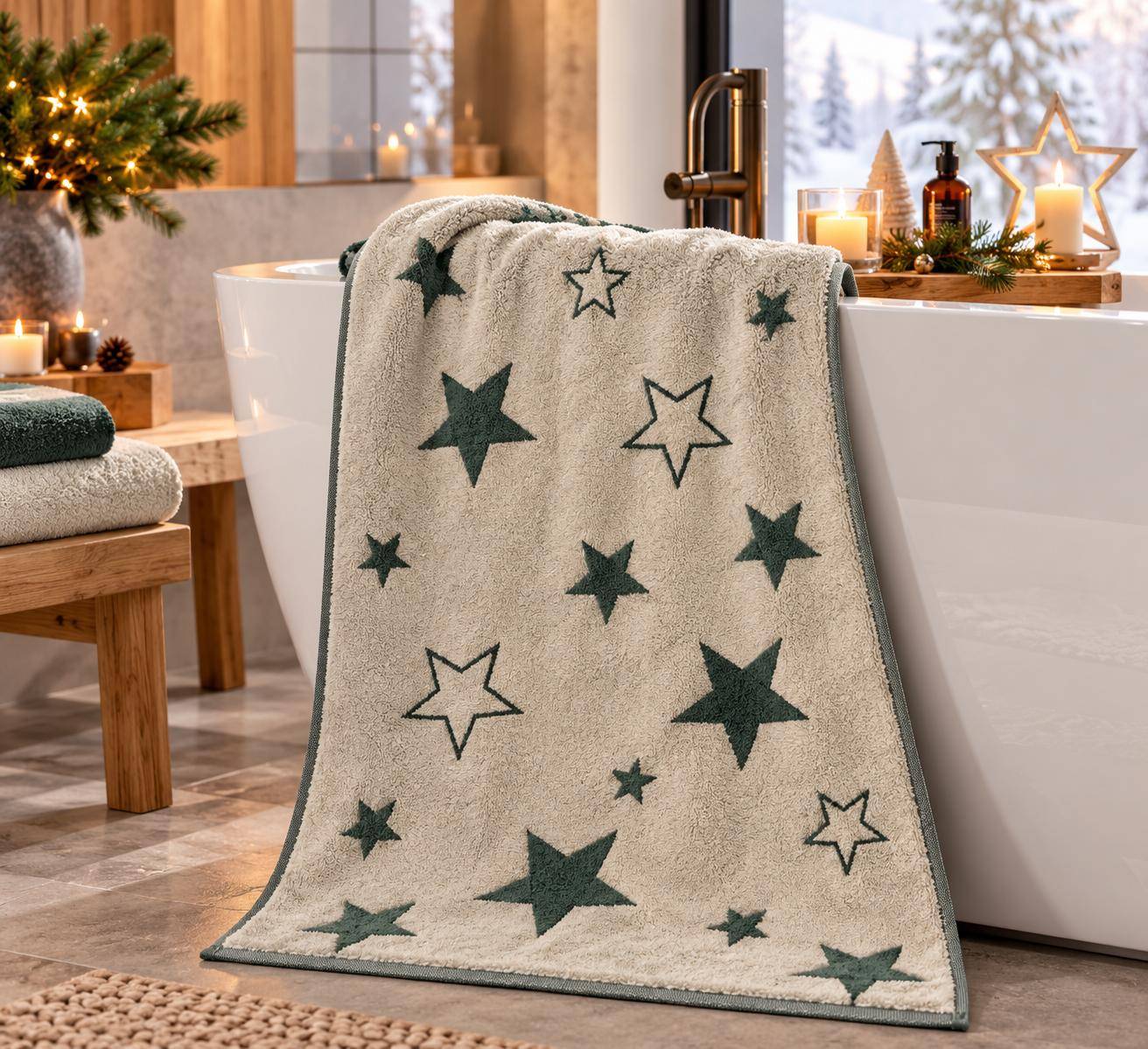 Cawö Frottiertuchserie Christmas Edition 792 Sterne Grün Handtuch