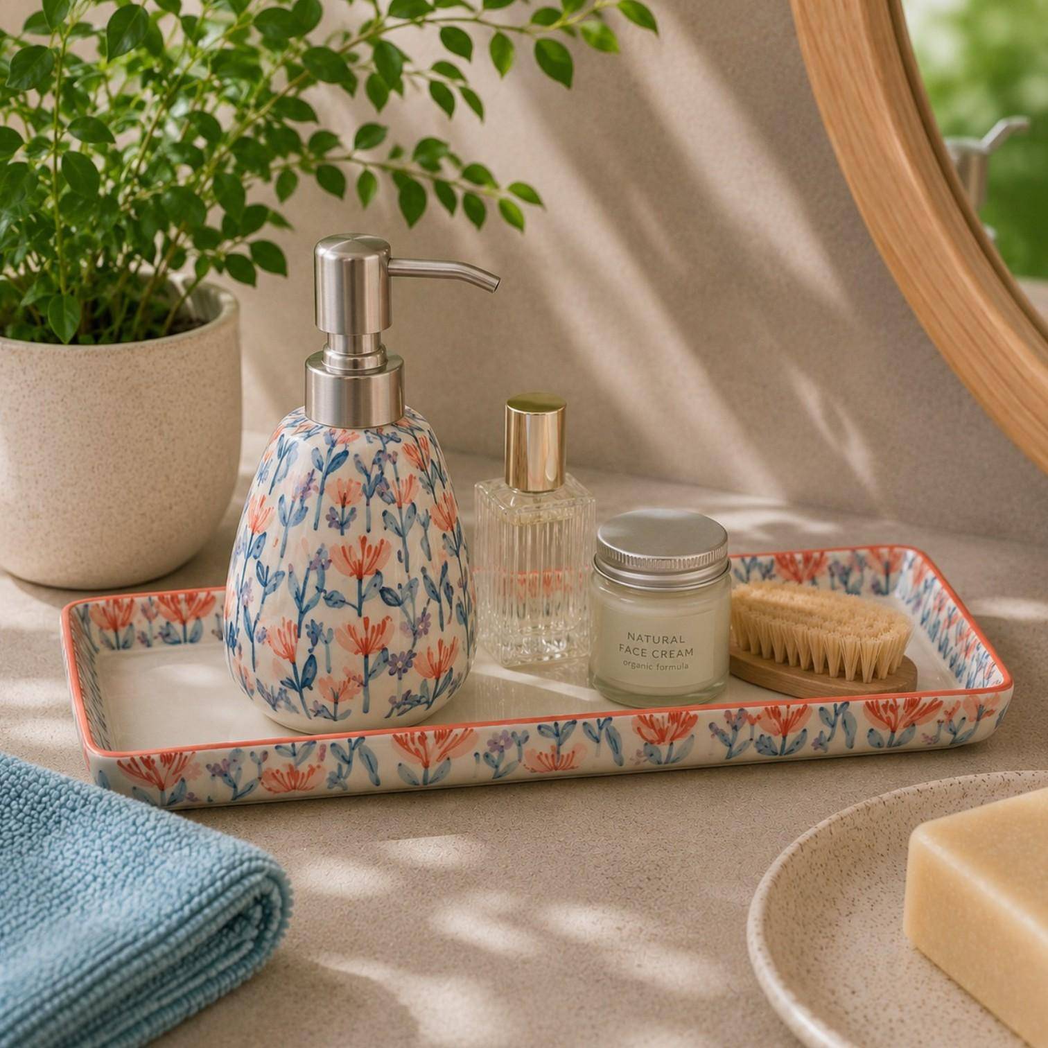 Tranquillo DOUCEUR FLORALE Badablage aus Steinzeug mit floralem Design auf modernem Waschtisch mit Seifenspender, Kosmetik und Badaccessoires dekoriert