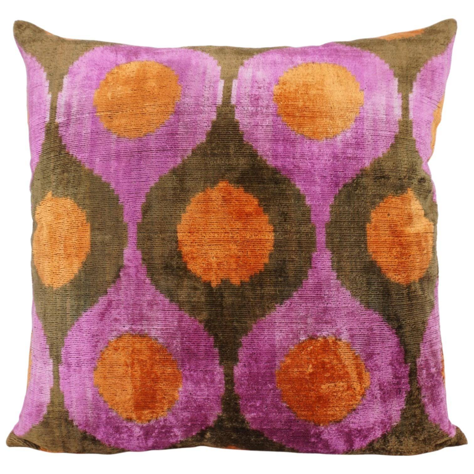 Handgefertigte Seiden Kissenhülle 50x50 Lila Braun Orange mit grafischem Muster aus 100% Seide Made in Italy