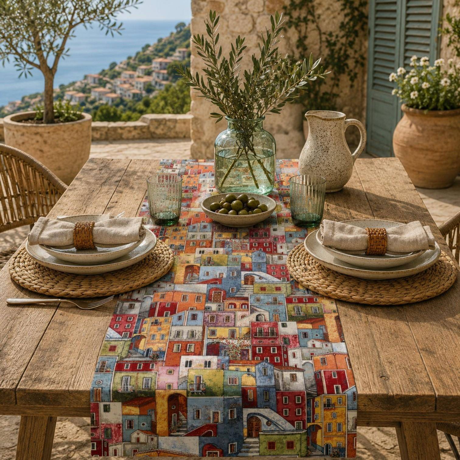 Sandner Tischläufer Ligurien mit bunten italienischen Häusern auf rustikalem Holztisch im mediterranen Outdoor-Ambiente