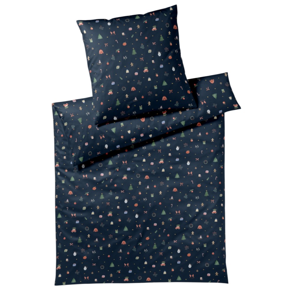 Elegante Mako-Satin Bettwäsche Christmas Treats Blau mit bunten Weihnachtsmotiven auf dunkelblauem Grund