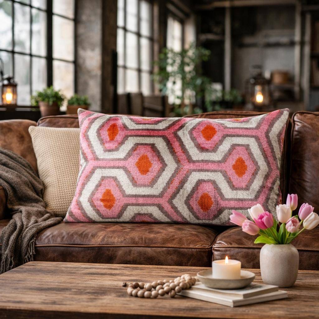 expressive Kissenhülle Silk-Velvet Labyrinth Pink Greige Offwhite