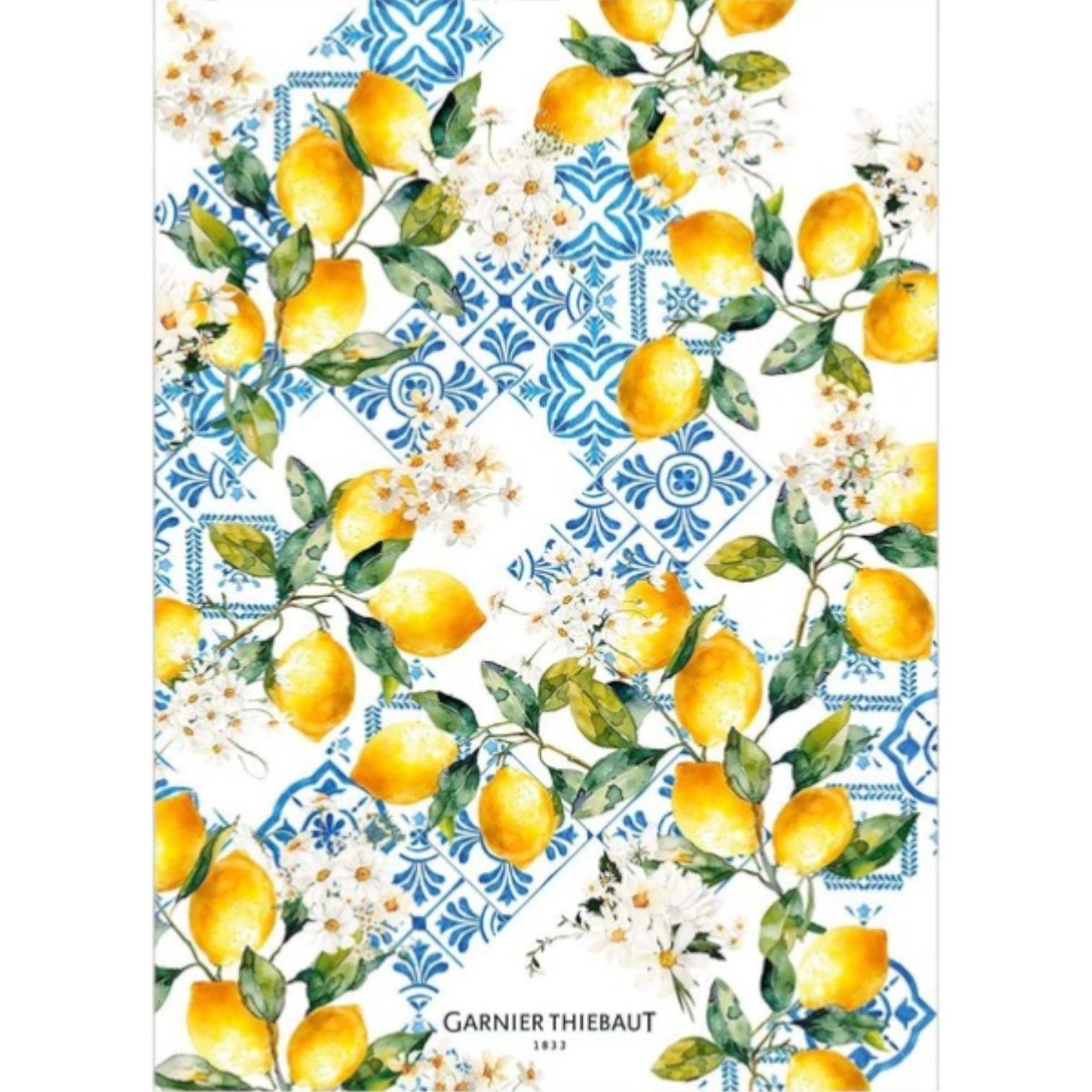 Geschirrtuch Citrons Azulejos Bleu mit Zitronenmotiv und blauen Azulejo-Ornamenten auf weißem Hintergrund