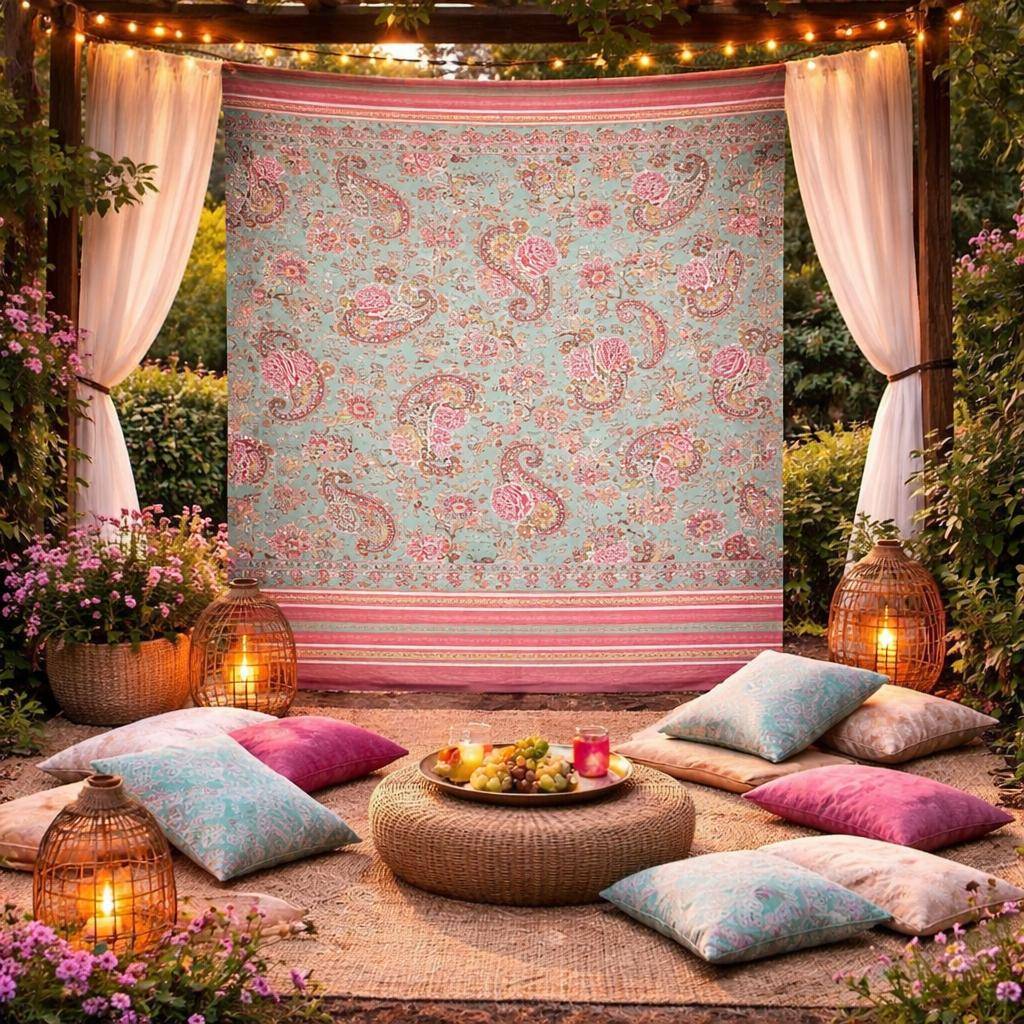 Bassetti Granfoulard Rappalo T1 in Türkis Fuchsia mit Paisley Muster als dekoratives Tuch im Garten