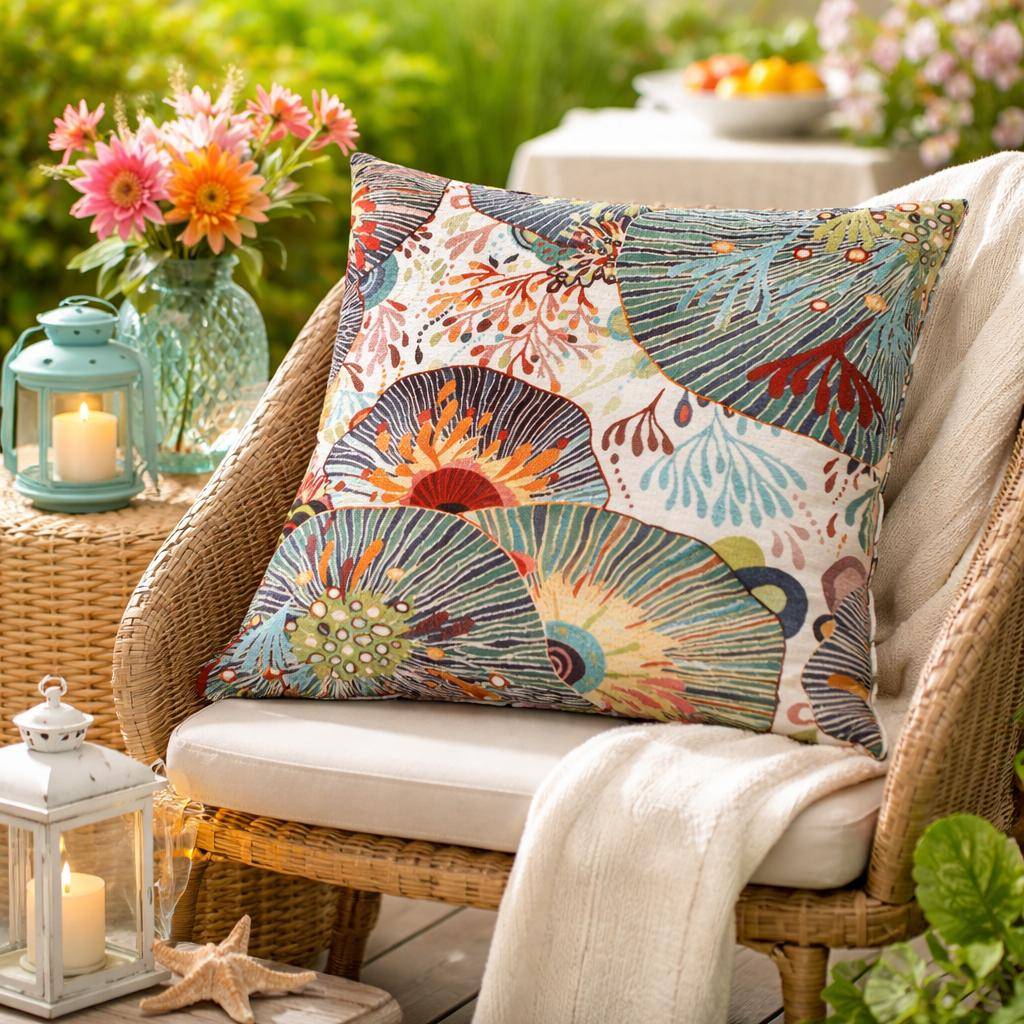 Sander Kissenhülle Sea Flowers mit fantasievollem Korallenriff-Design. Farbenfrohe Unterwasserwelt als stilvolle Dekoration für Sofa, Terrasse und Sommerambiente.
