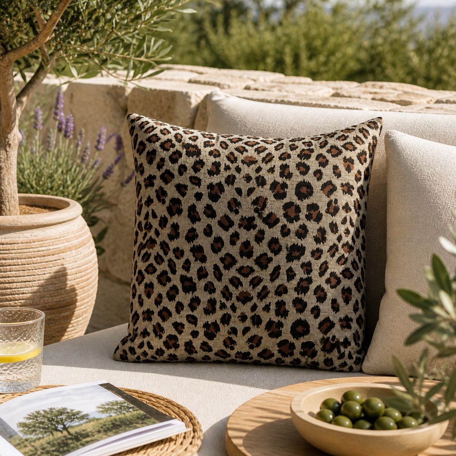 Kissenhülle mit Leopardenmuster in Braun- und Schwarztönen auf hellem Hintergrund, dekorativ platziert auf Outdoor-Sofa bei sonnigem Tageslicht