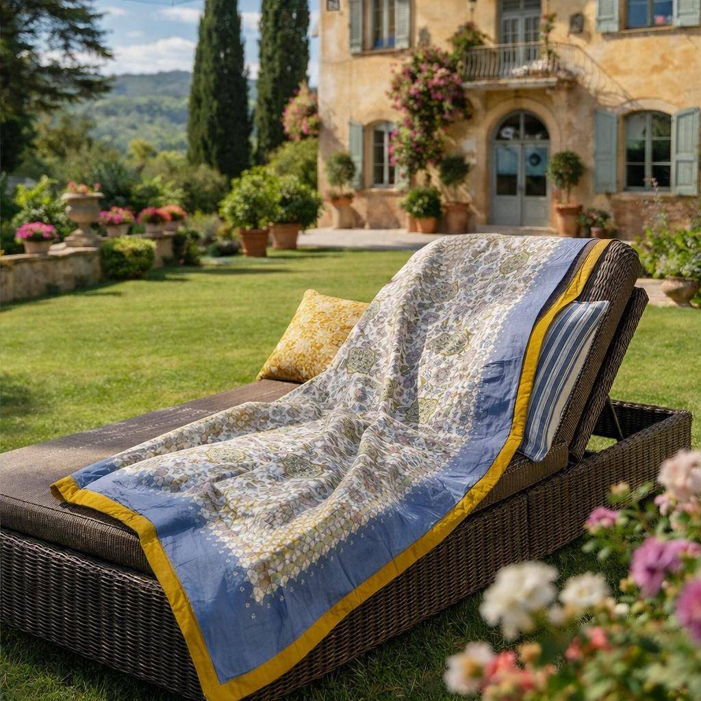 Bassetti Plaid Tigullio C1 in Iceblue mit goldgelbem Rand auf einer Lounge im sonnigen Garten einer italienischen Villa