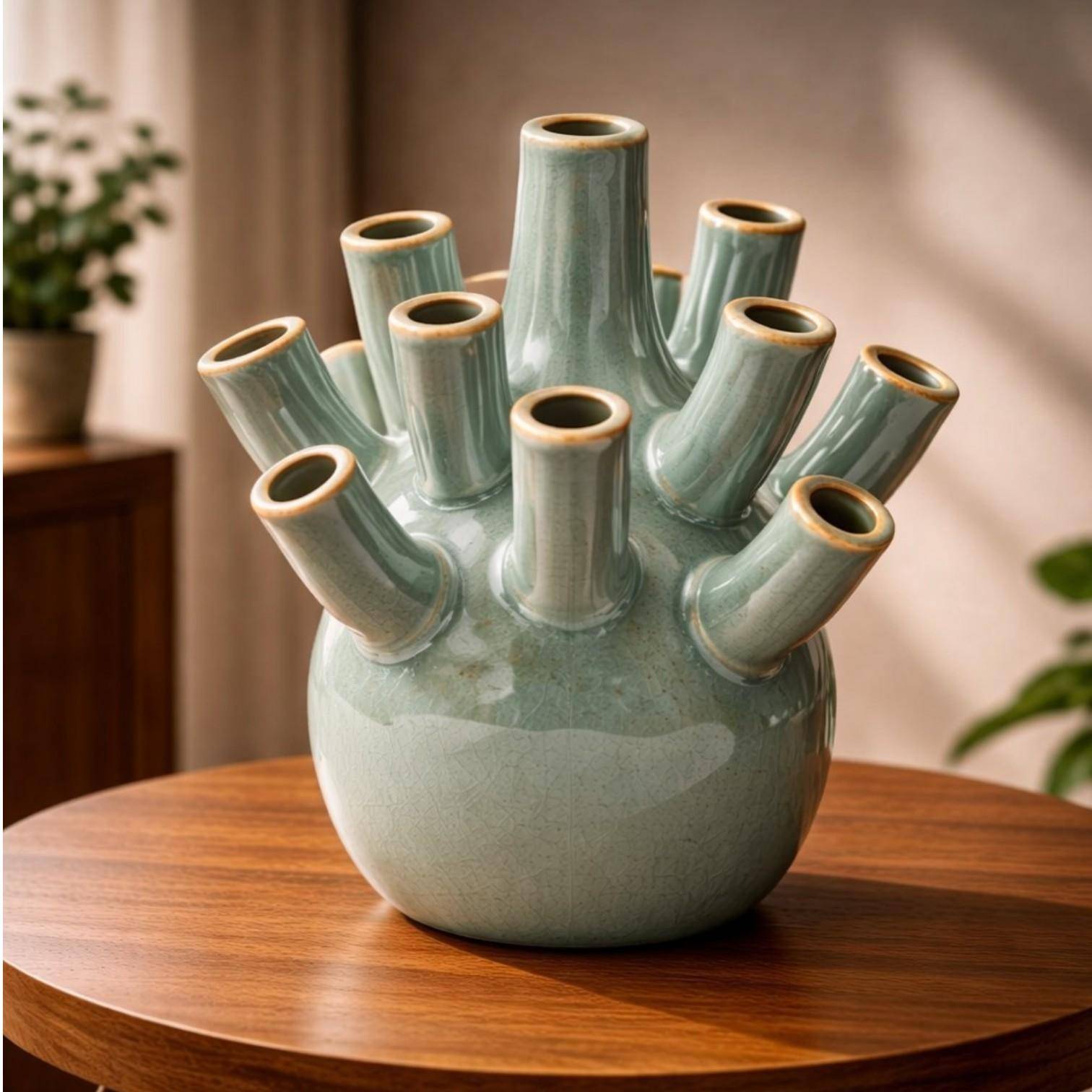 Luimes Vase in Grün mit glatter Oberfläche, organischem Design, ca. 22 cm 