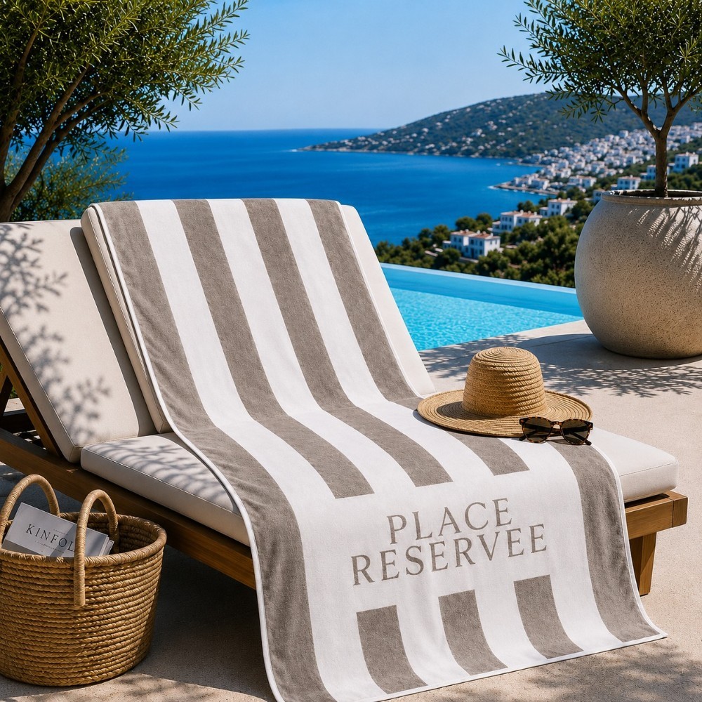 Sunset BV Strandtuch Place Reservee Sand 100 x 200 cm auf einer Sonnenliege am Pool mit mediterranem Meerblick
