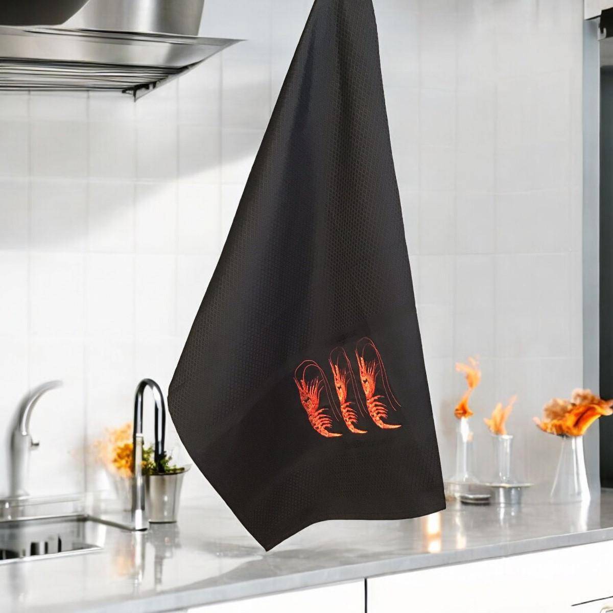Vista Portuguese Geschirrtuch Prawns bestickt in Schwarz