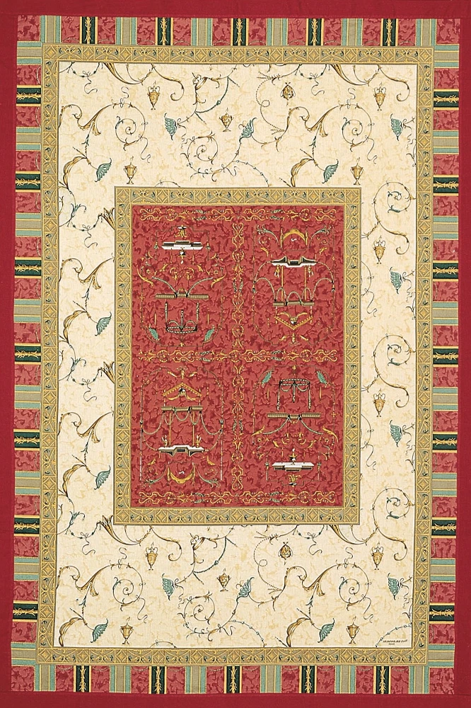 Bassetti Plaid Oplontis V8 in Beige und Rot mit ornamentalem Muster, floralen Details und kunstvoll verziertem Mittelmotiv