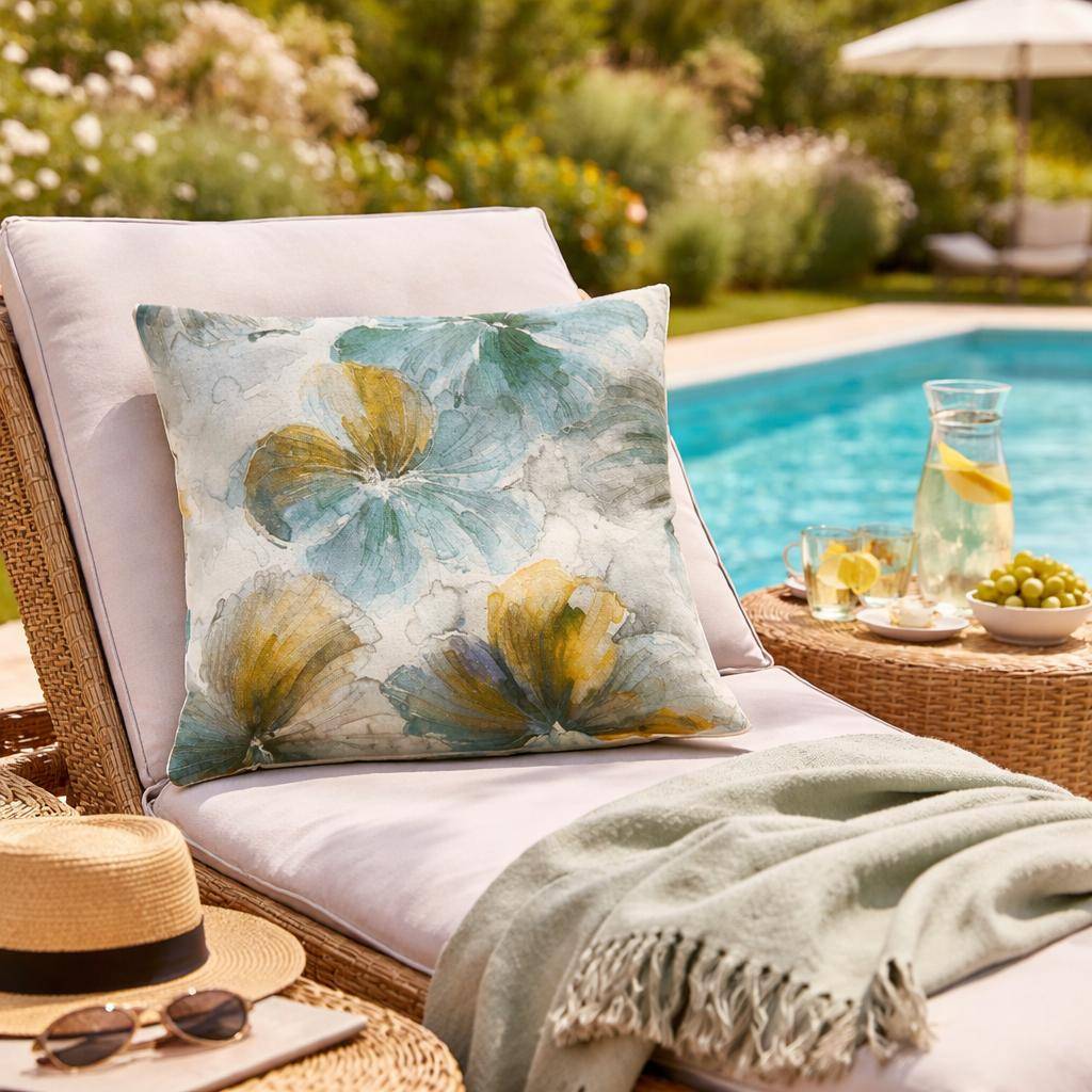 Sander Kissenhülle Jane in der Farbe  Aqua mit großformatigen Blumen im Aquarellstil auf Baumwolle