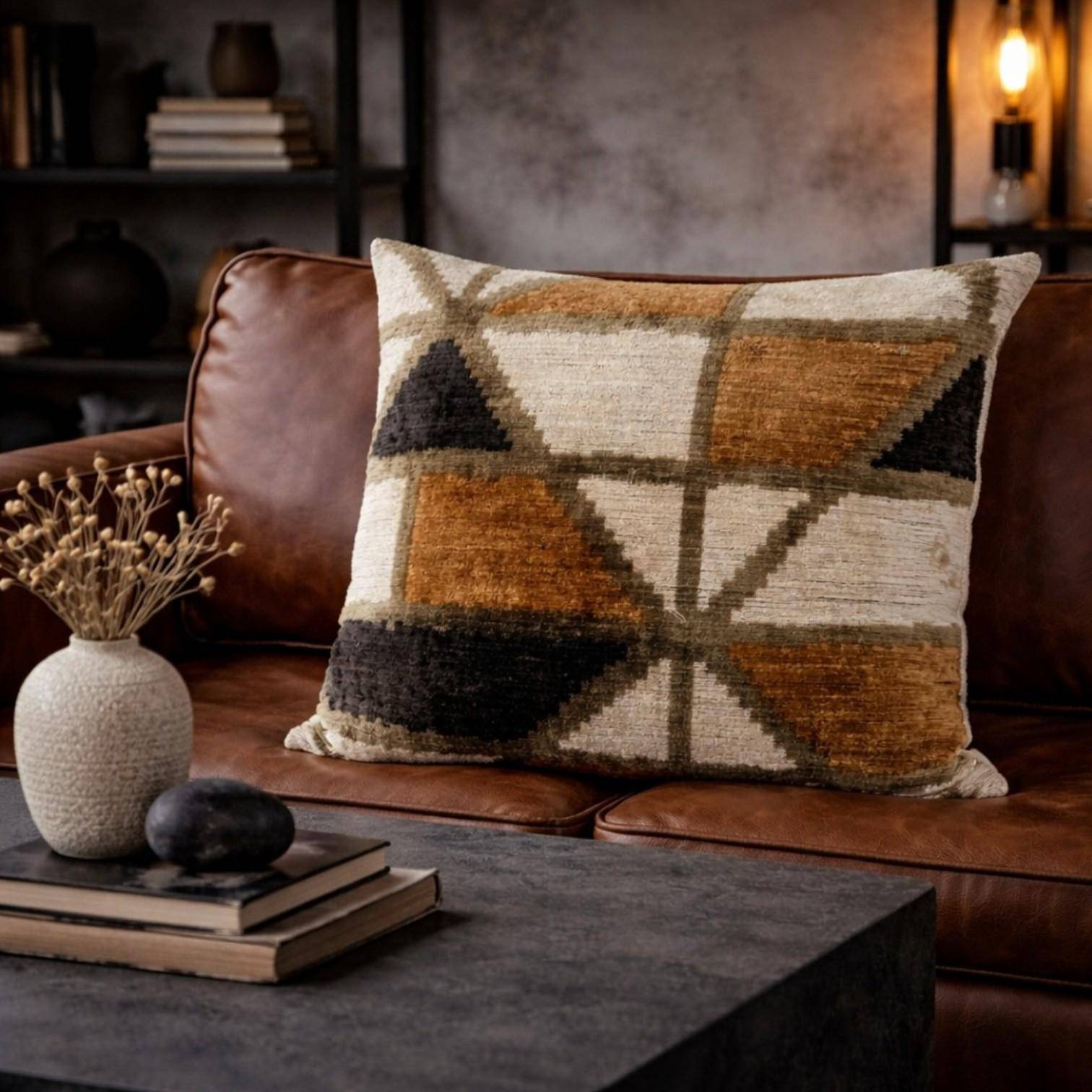 Thanks A LOT Kissenhülle Silk-Velvet Offwhite Hellbraun Schwarz 50x50 cm auf braunem Ledersofa im modernen Industrial Wohnzimmer mit Dekoration