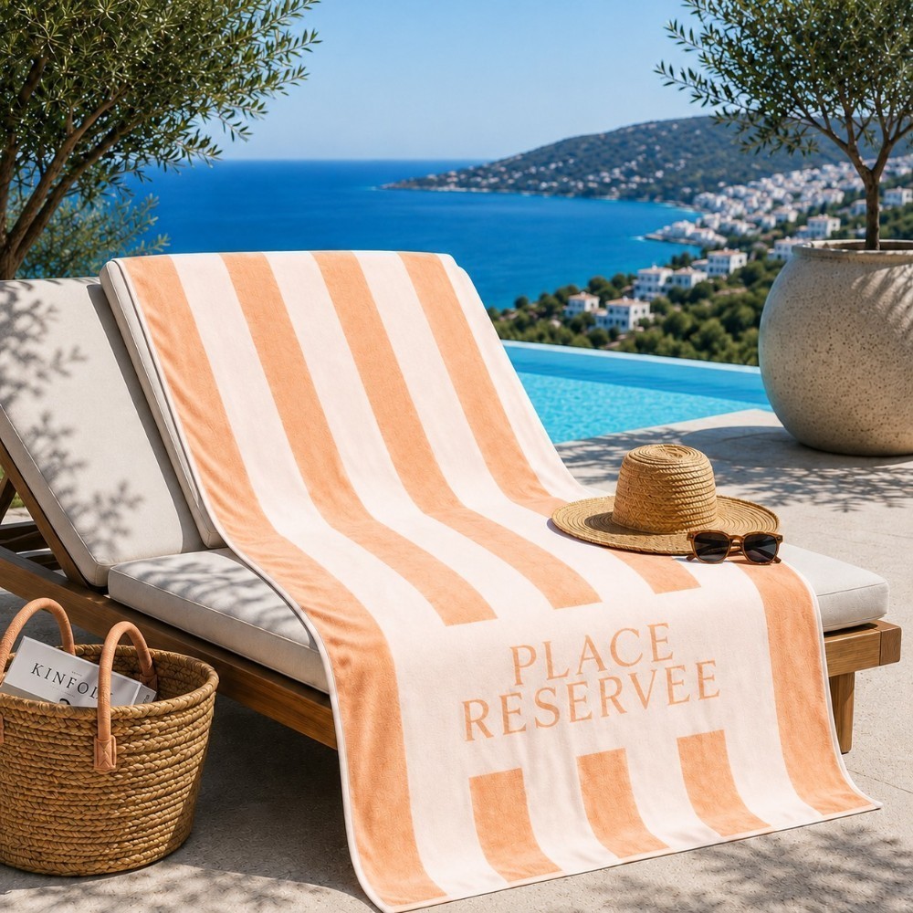 Sunset BV Strandtuch Place Reservee Pfirsich 100 x 200 cm auf einer Sonnenliege am Pool mit mediterranem Meerblick