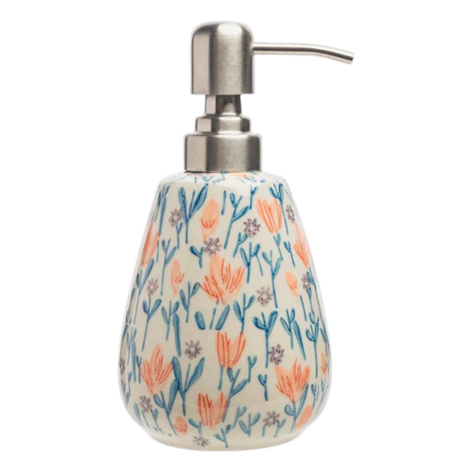 Tranquillo DOUCEUR FLORALE Seifenspender aus Steinzeug mit floralem Muster, 300 ml Fassungsvermögen und hochwertigem Edelstahl-Pumpaufsatz für Flüssigseife