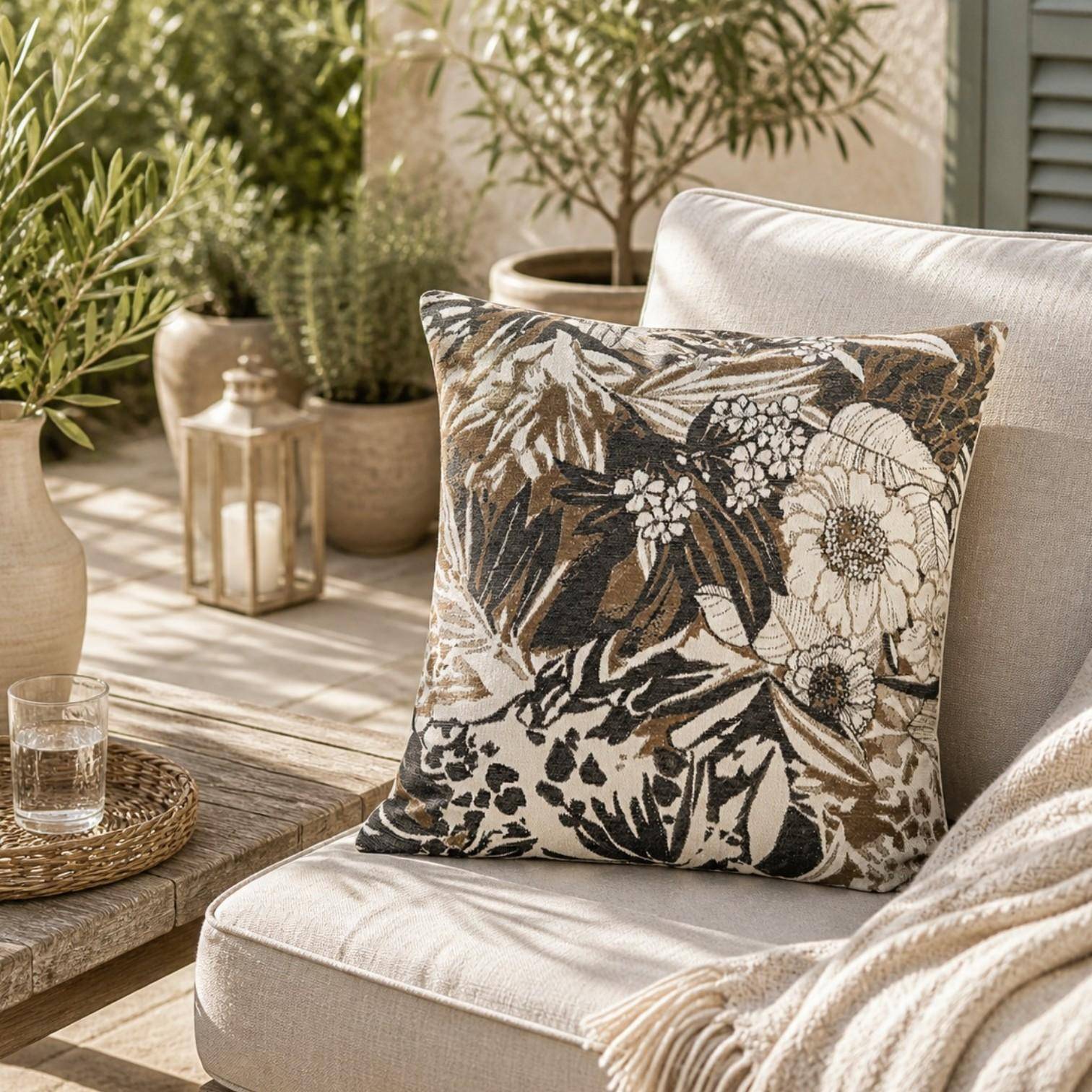 Kissenhülle Coco in Coffee mit floralem Jacquardmuster auf hellem Outdoor-Sessel im modernen Landhausstil, umgeben von natürlichen Materialien und Pflanzen im Garten