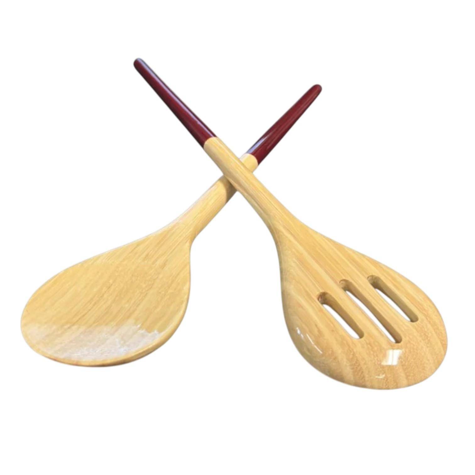 Superleichtes Albert L. Bambus-Salatbesteck in Rot, naturfarbene Holzoptik, Löffel & Gabel, ca. 32,5 cm