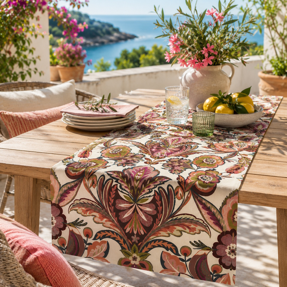 Sander table & home Tischläufer mit floralem Muster auf modernem Holztisch einer sonnigen mediterranen Terrasse mit Meerblick und sommerlicher Dekoration.