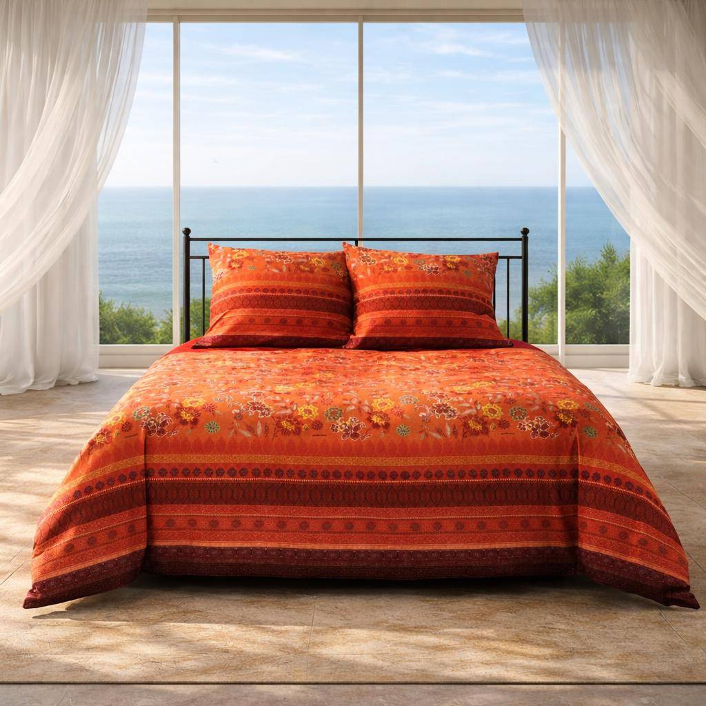Bassetti Bettwäsche Varigotti in Orange und Gelb mit floralen Batik-Mustern inspiriert von den Pallanca-Gärten in Bordighera aus Mako-Satin
