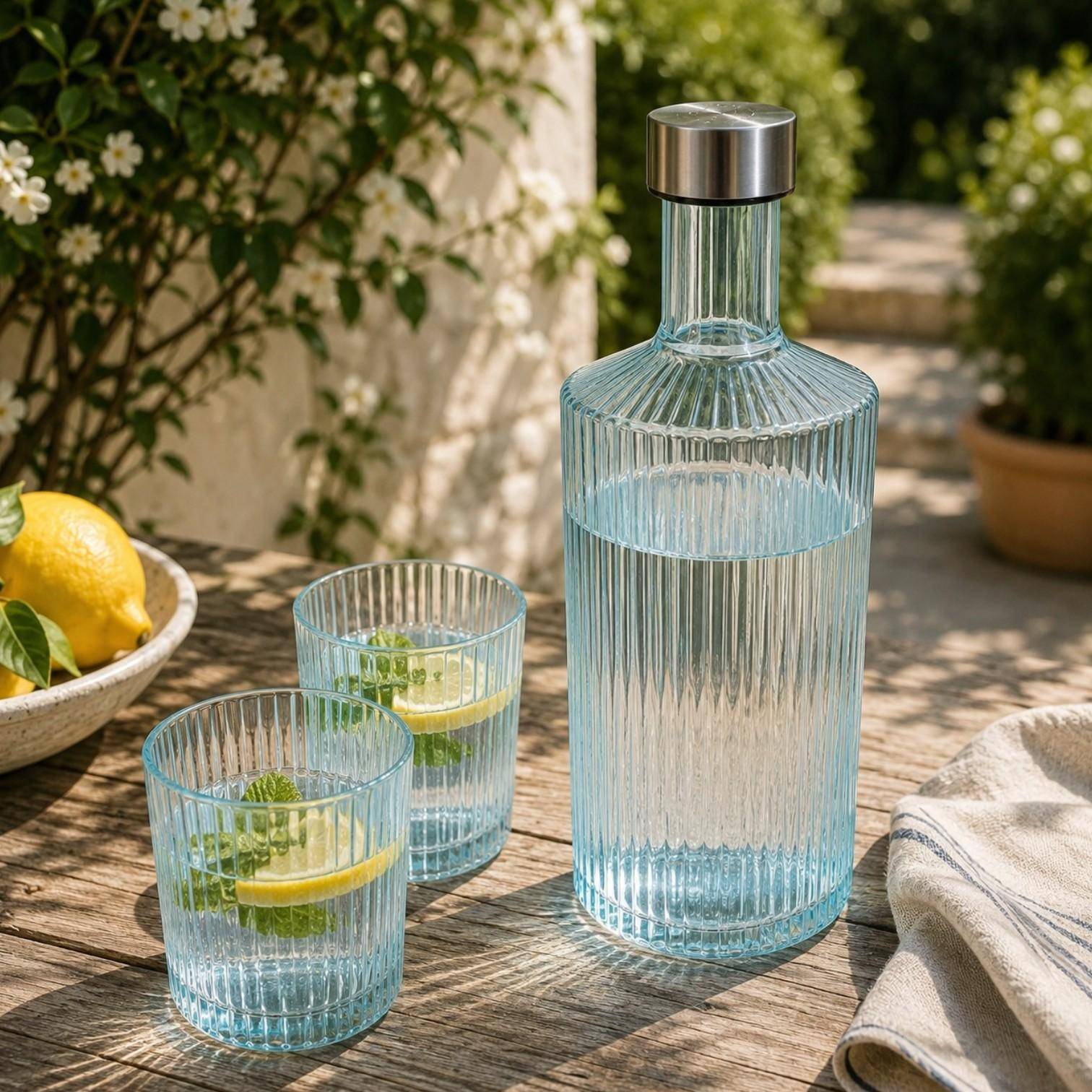 Paveau Ribbed Wasserflasche mit passenden Ribbed Gläsern auf einem sommerlich gedeckten Tisch im mediterranen Ambiente.