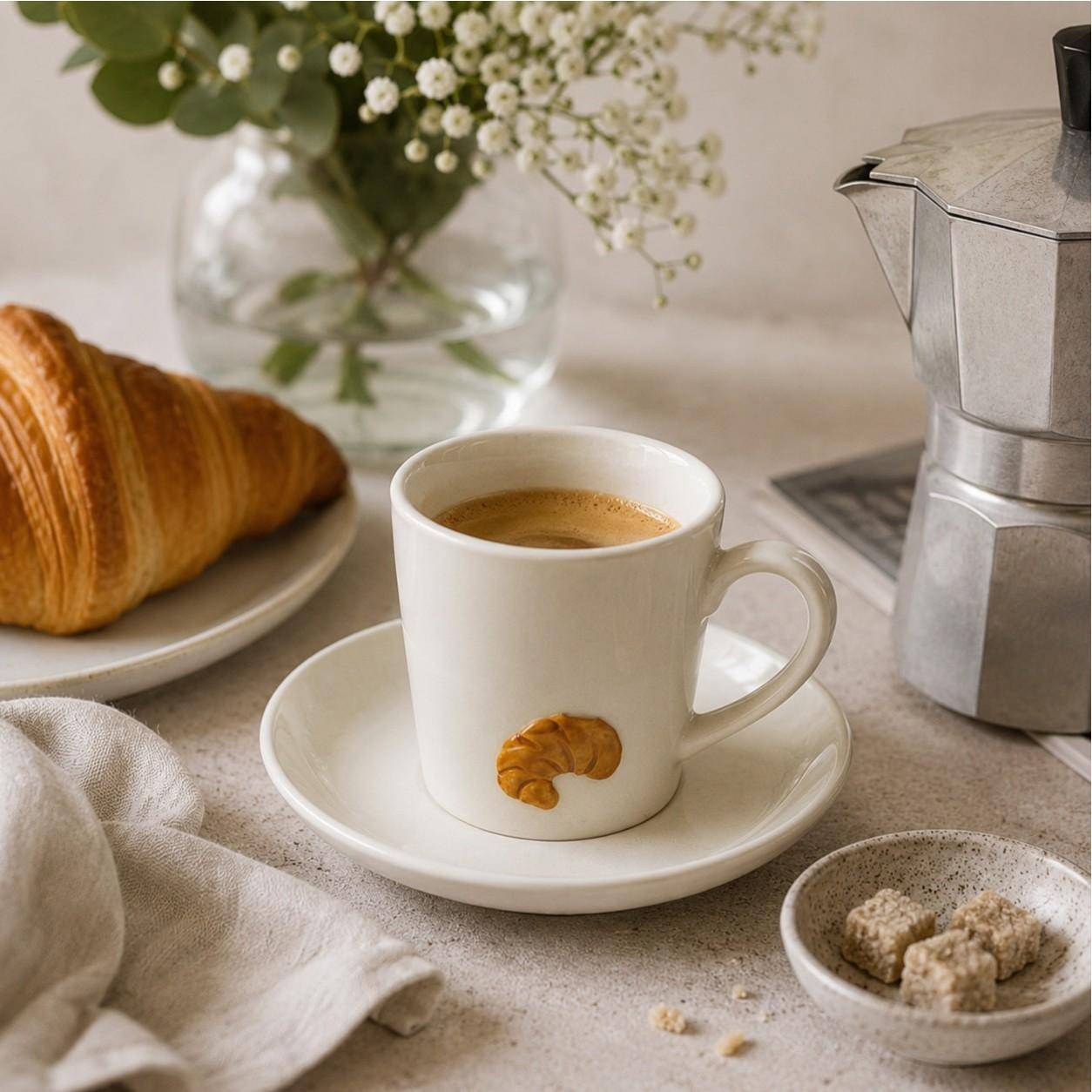 Tranquillo Espressotasse Brunettea aus Steinzeug mit handillustriertem Croissant-Motiv in stilvoller Frühstücksszene