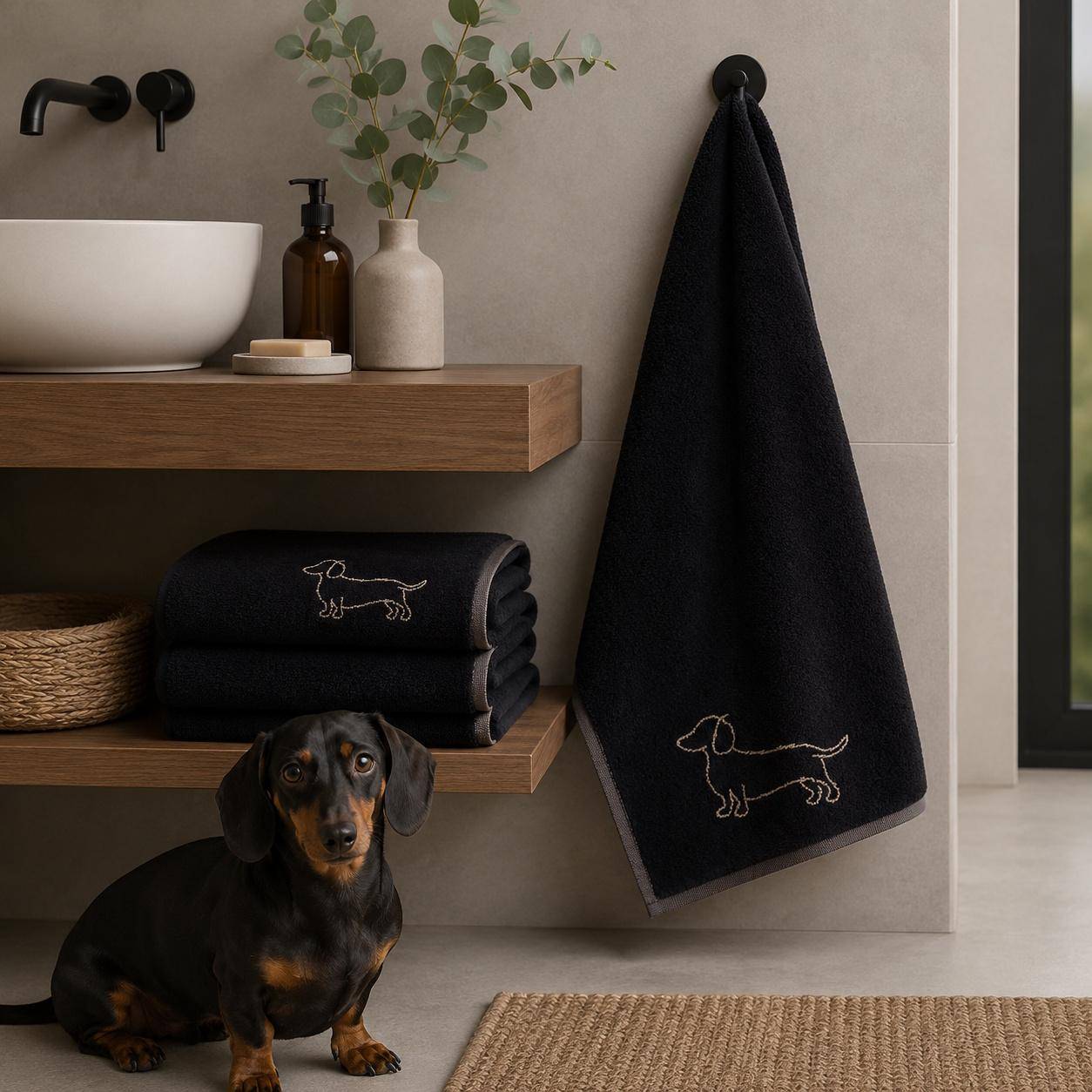 Cawö Frottiertuchserie We love Dogs Dackelsilhouette Schwarz Duschtuch mit Schönheitsfehlern