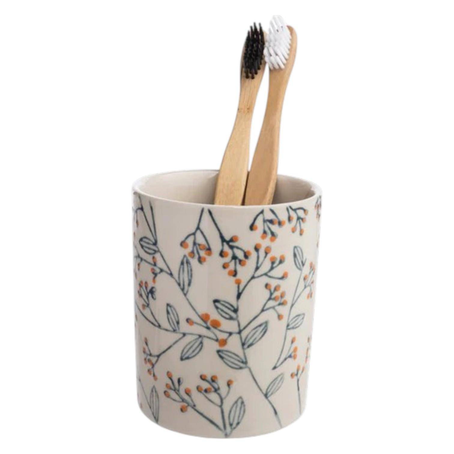 Tranquillo ROMANTIC Zahnbürstenhalter aus Steinzeug mit floralem Muster und zwei Bambuszahnbürsten – dekoratives Badaccessoire im romantischen Design.