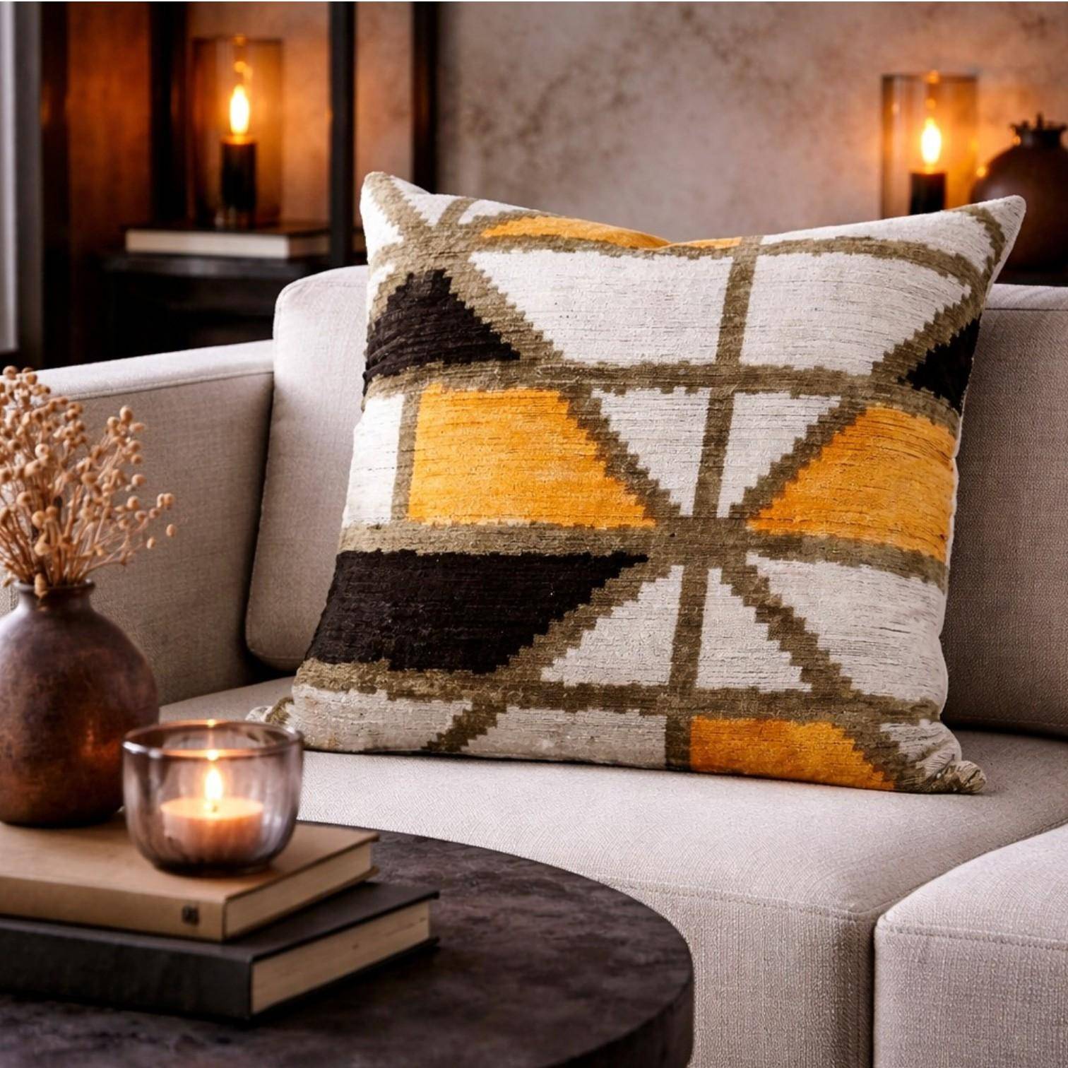 Thanks A LOT Kissenhülle Silk-Velvet Offwhite-Gelb-White 50x50 cm auf Sofa im Industrial Stil