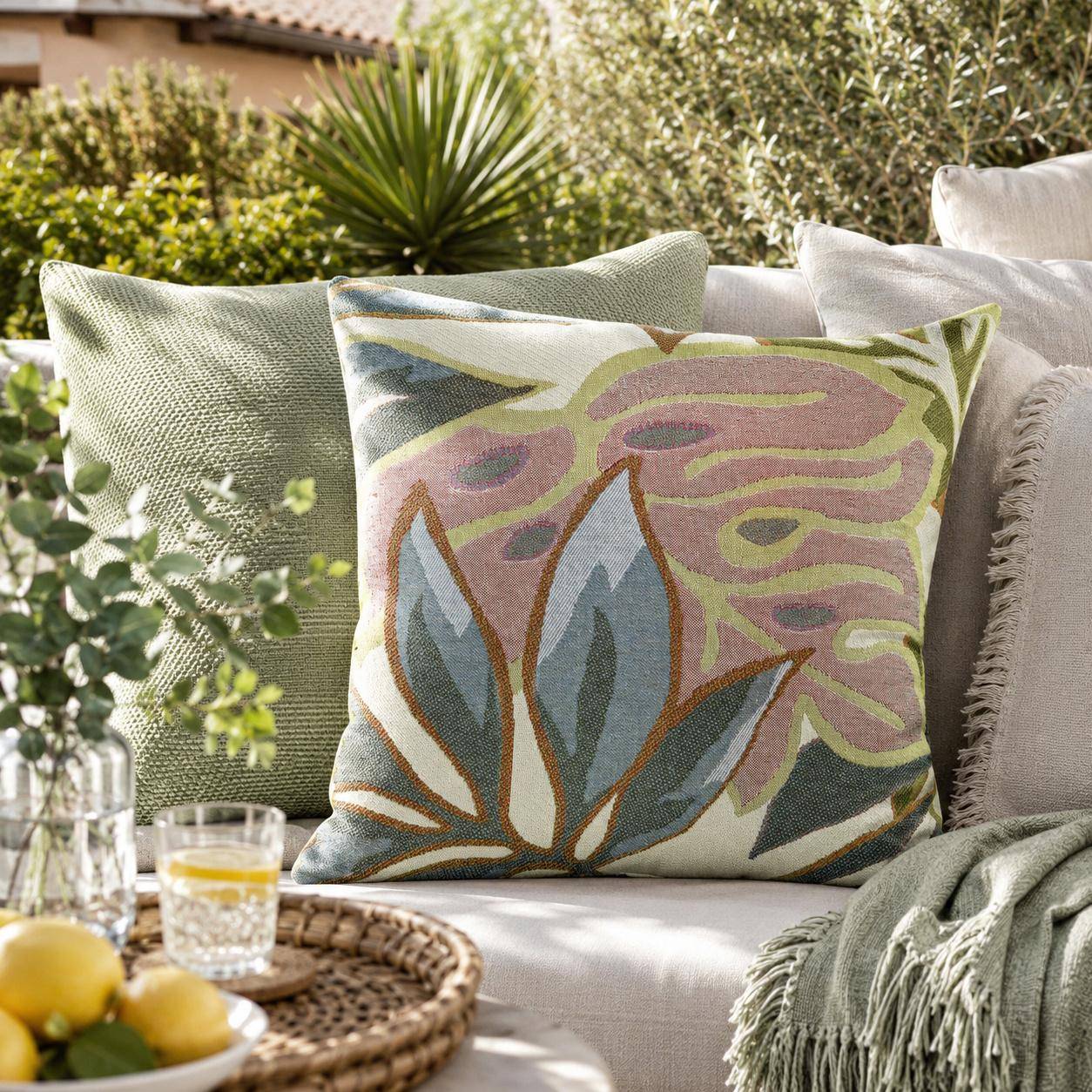 Sander table and home Kissenhülle Selva mit floralem Jacquardgewebe und Monstera-Blättern in zarten Pastellfarben