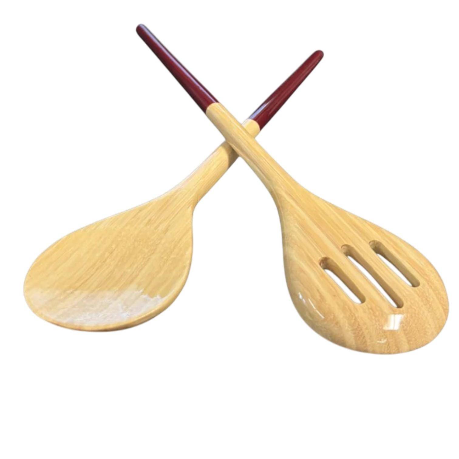 Superleichtes Albert L. Bambus-Salatbesteck in Brombeere, naturfarbene Holzoptik, Löffel & Gabel, ca. 32,5 cm