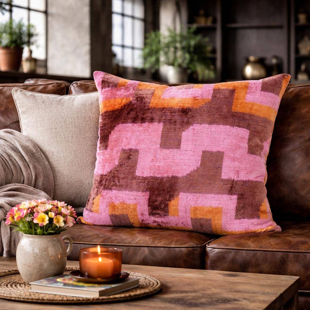 Quadratische Kissenhülle 50 x 50 cm mit grafischem Retro-Muster in Rose, Braun und Orange, Oberseite aus 100 % Seide